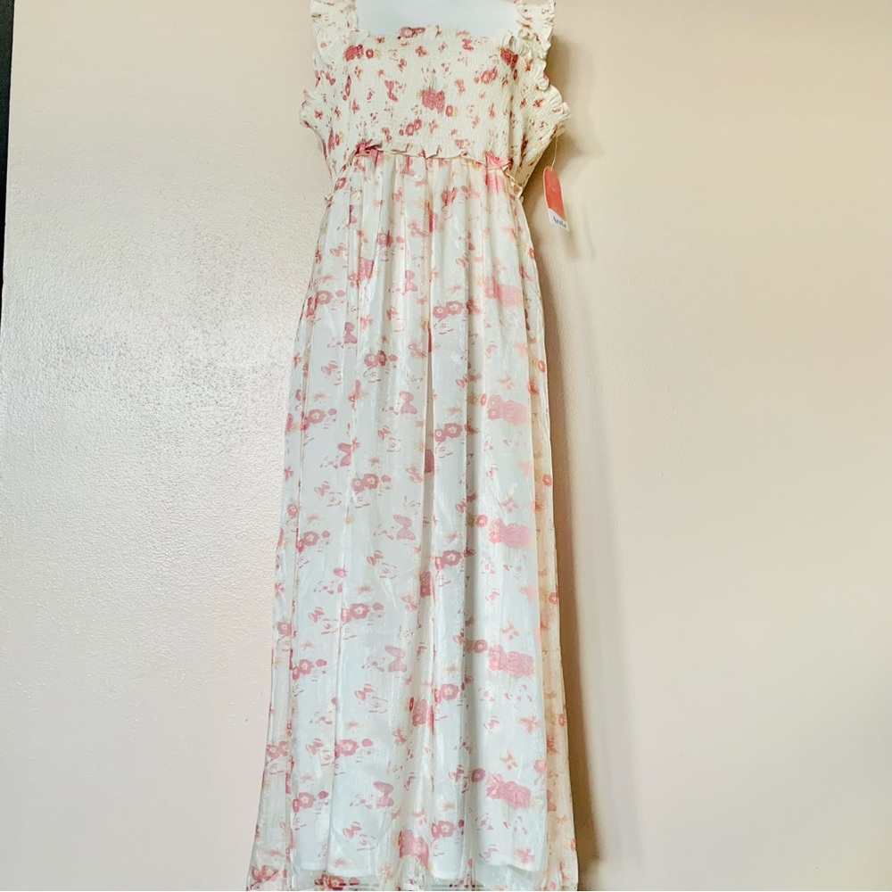 Arula Cream Pink Mauve Floral & Butterflies Sleeveless Smocked Dress.